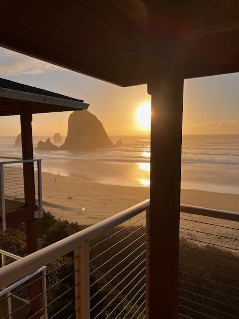 View of Haystack Rock on Cannon Beach at Sunset