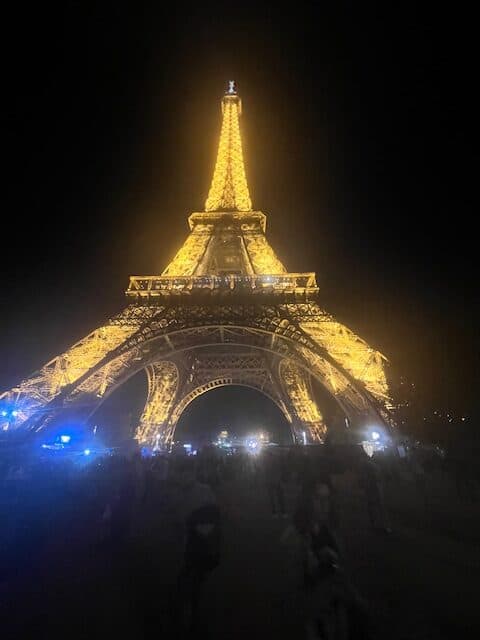 The Eiffel Tower lit up at night in Paris, France