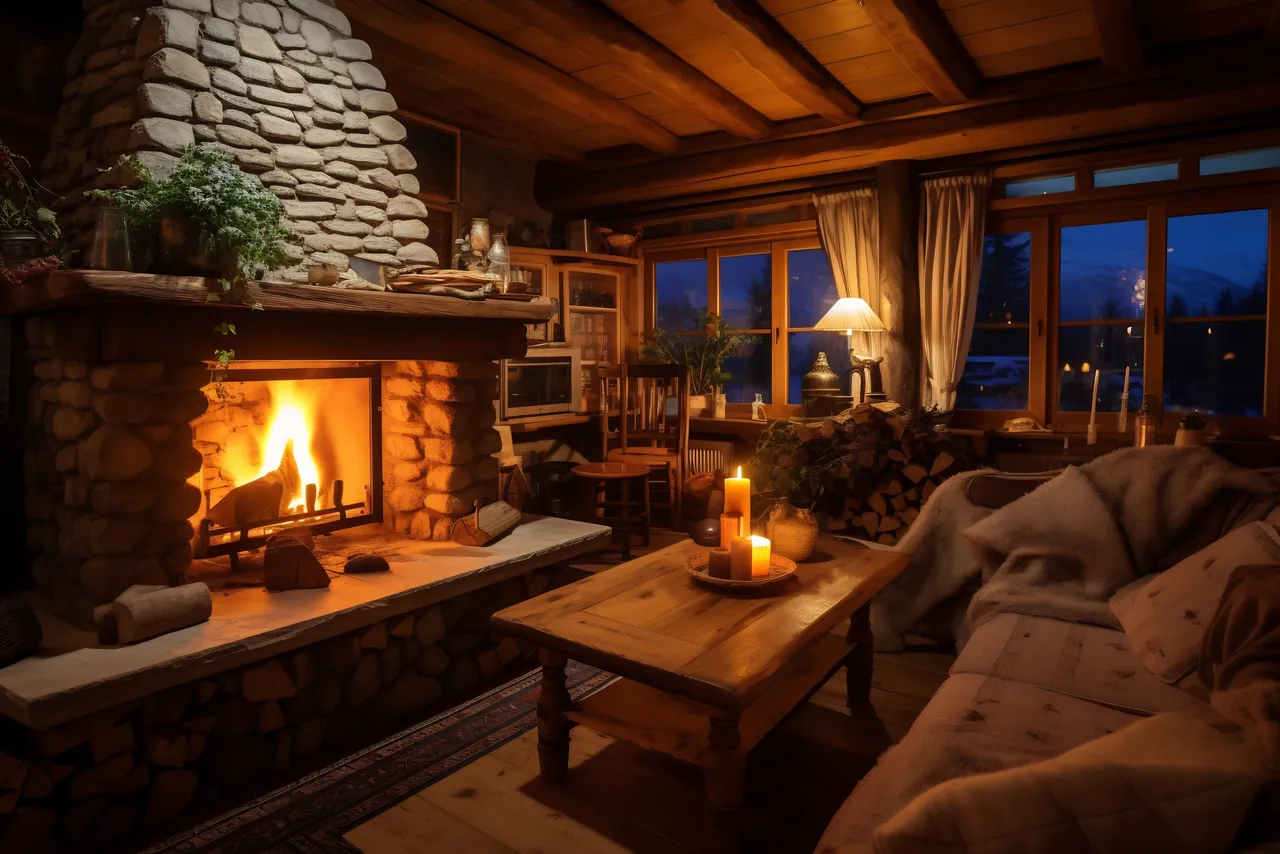 Cozy cabin with fire