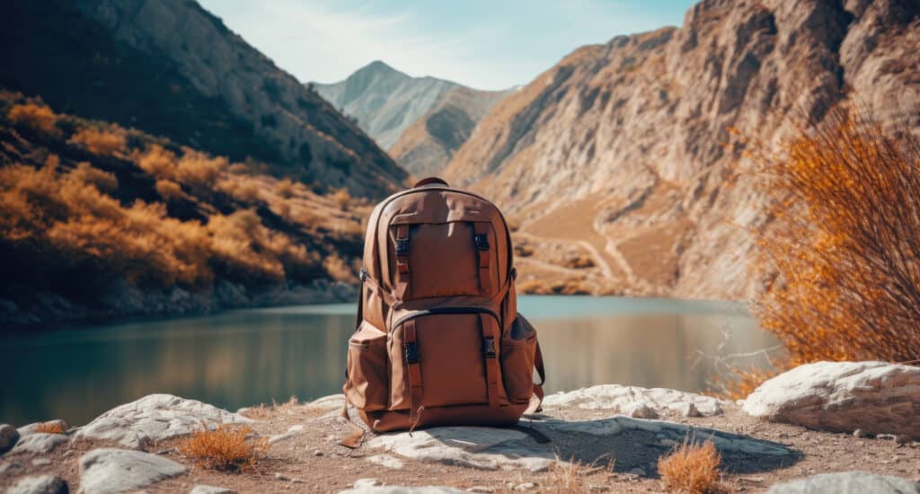 a brown backpack sits on a rock beside water in the mountains.