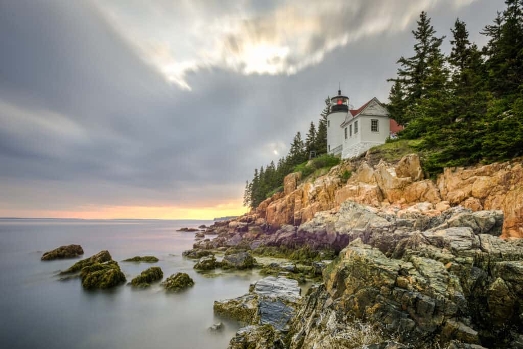 Bass Harbor Head Light in Acadia National Park, Maine at sunset.
