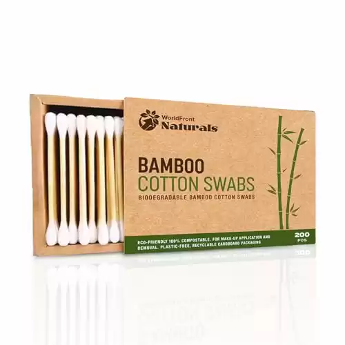 WorldFront Naturals Biodegradable Bamboo Cotton Swabs 200pcs - Eco-Friendly Natural Cotton Buds