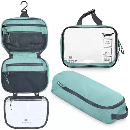 Toiletry Bag Kit Set: Hanging Travel Toiletry Bag + 311 TSA Cosmetic Liquid Bag + Ultralight Accessory Organizer Pouch (Dusty Teal)