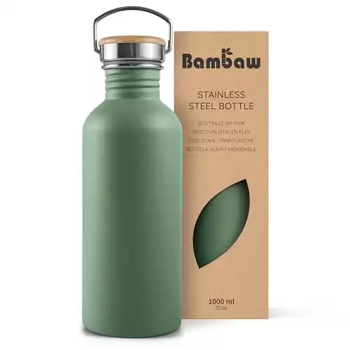 Bambaw Travel Water Bottle 32oz, Green Water Bottle No Straw, Non-insulated Single Wall Stainless Water Bottle, Hiking Water Bottle, 1 Liter Water Bottle with Handle – Sage Green