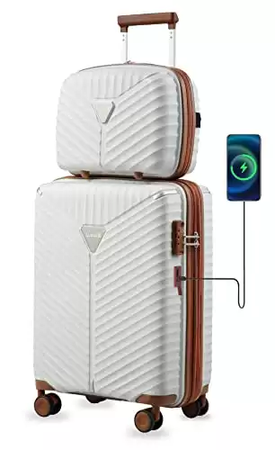 LUGGEX White Carry On Luggage with USB Port, PP Lightweight Suitcase with 14 Inch Case, Expandable Luggage 2 Piece
