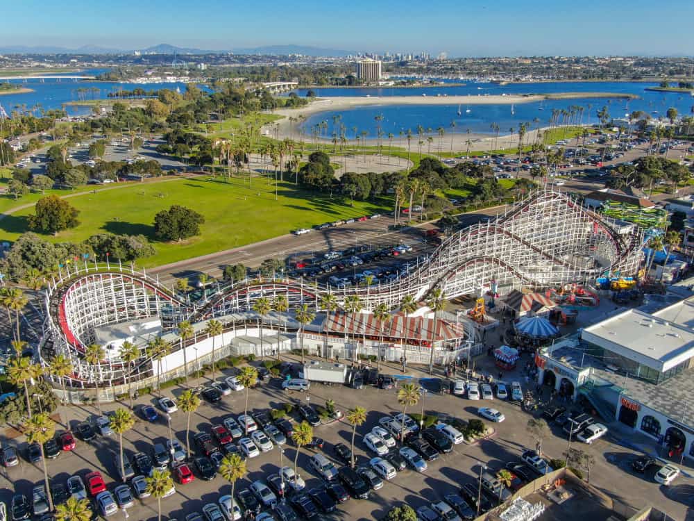 Giant Dipper Roller Coaster in Belmont Park. San Diego, California. 