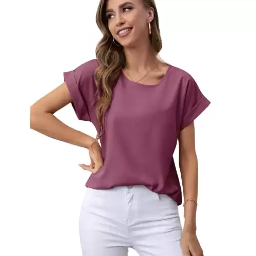 Women's Dressy Casual Summer Tops, Short Sleeve Purple T-Shirts, Blouses for Ladies L