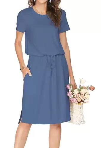Women Summer Short Sleeve Casual Midi Knee Dress Blue XL