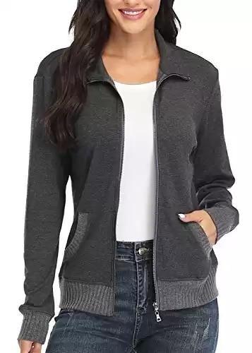 WUDODO Womens Zip up Jackets Shirts Long Sleeves Stand Collar Sweatshirts Running Jackets with Pockets (Long Sleeves- Dark Grey, Medium)
