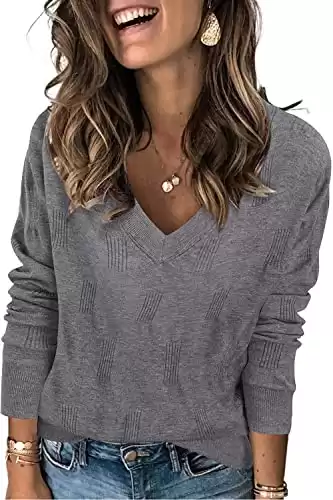 Arach&Cloz Women's Spring Tops 2024 Fashion Trendy Pullover Sweater V Neck Long Sleeve Shirt Knit Blouse Clothes Outfits Grey