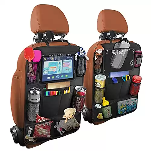 Osilly Car Seat Back Organizer, 2 Pack Backseat Storage Bag with Touch Screen Tablet Holder & 9 Pockets, Durable Waterproof Oxford Fabric, Travel Accessories, Road Trip Essentials for Kids