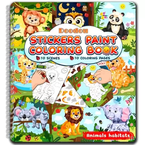 Animal Habitats Sticker Book, Crafts for Kids Age 4-8, Paint by Number Sticker Book and Coloring Pad