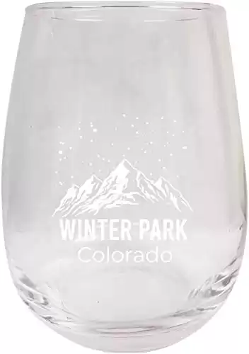 R and R Imports Winter Park Colorado Ski Adventures Etched Stemless Wine Glass