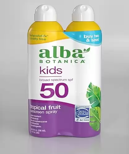 Alba Botanica Kids Sunscreen Spray for Face and Body, Tropical Fruit, Broad Spectrum SPF 50, Water Resistant, 5 fl. oz. Bottle (Pack of 2)
