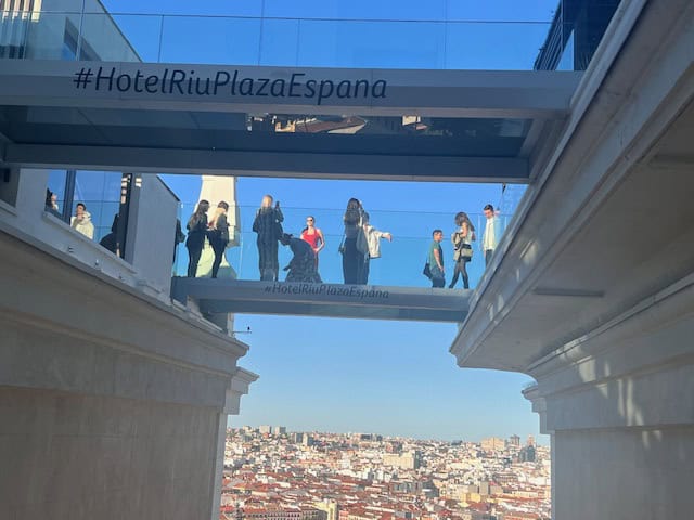 Glass balcony at the 360 Rooftop Bar at the Riu Plaza Espana rooftop bar