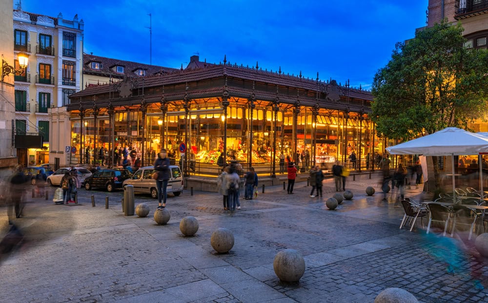 Mercado San Miguel at night in Madrid, Spain