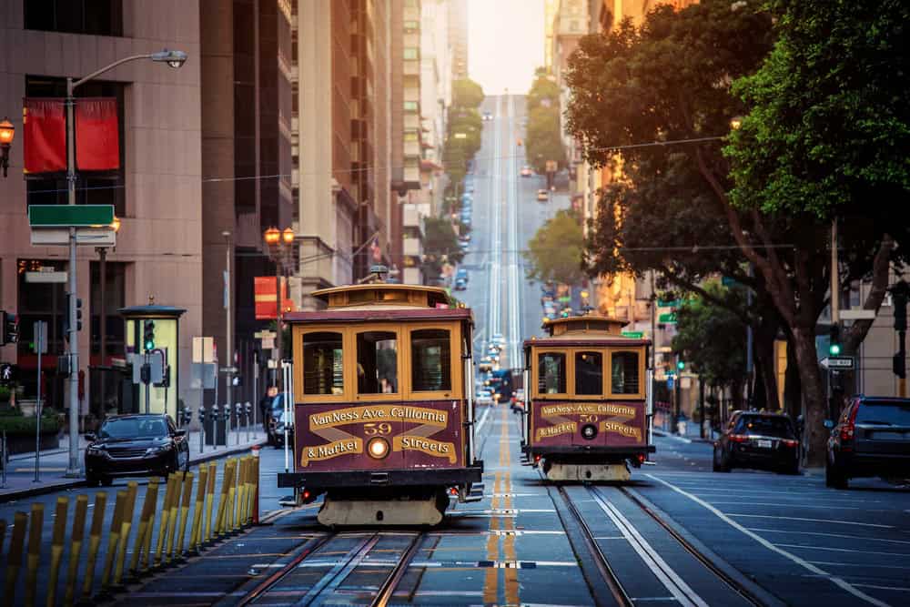 Cable cars on the street in downtown San Francisco