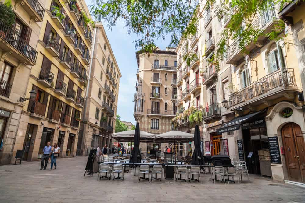 Cafe and buildings in the El Born neighborhood in Barcelona, Spain