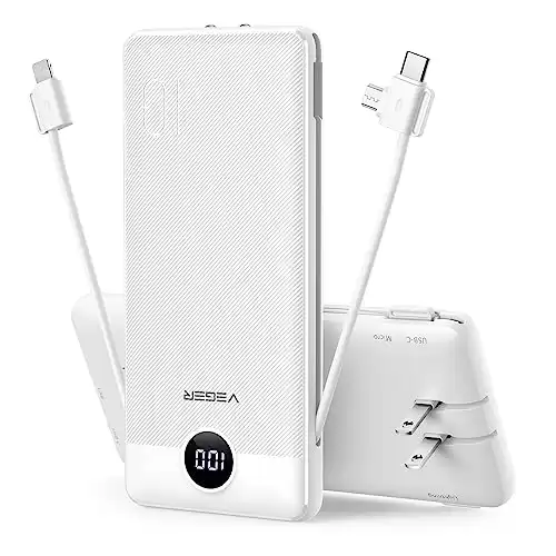 VEGER Portable Charger for iPhone Built in Cables and Wall Plug, 10000mah Slim Fast Charging USB C Power Bank