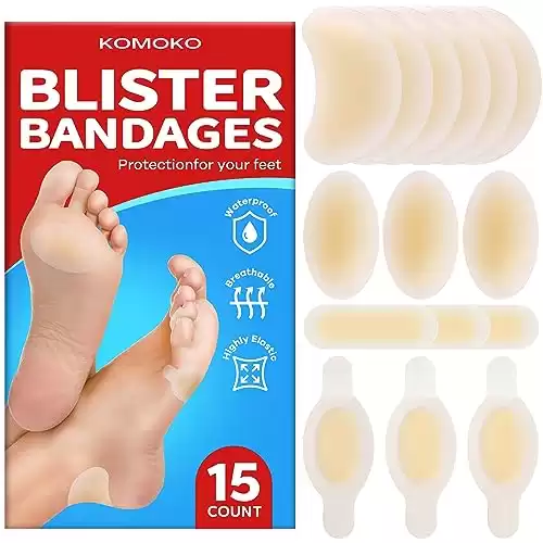 Komoko Blister Bandages for Feet (15 Count), Waterproof Hydrocolloid Blister Bandages