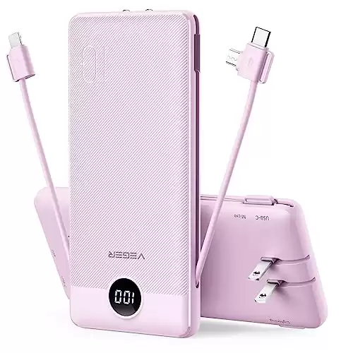 VEGER Portable Charger for iPhone Built in Cables and Wall Plug, 10000mah Slim Fast Charging USB C Power Bank