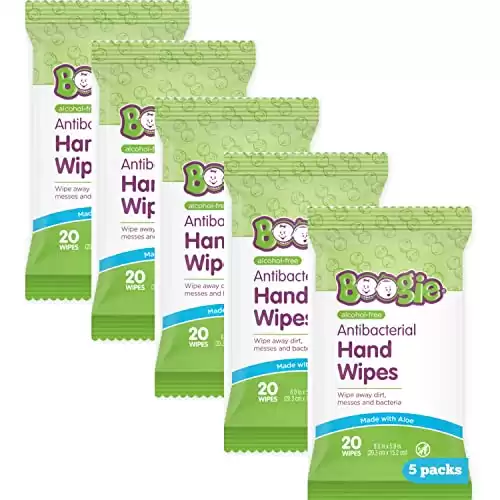 Antibacterial Hand Wipes by Boogie, Alcohol Free, Hypoallergenic and Moisturizing Aloe, Hand Wipes for Kids