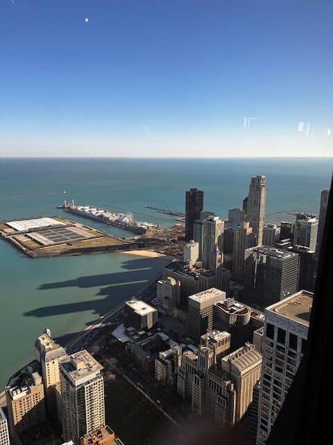 View of the Chicago skyline and Lake Michigan from the 360 Observation Deck