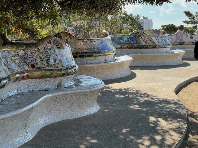 Mosaic bench on the terrace at Park Guell, Barcelona, Spain