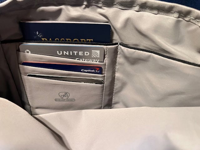 Front RFID-blocking credit card pockets in the Travelon anti-theft bag