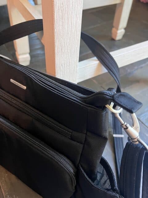 Travelon strap locked around a chair