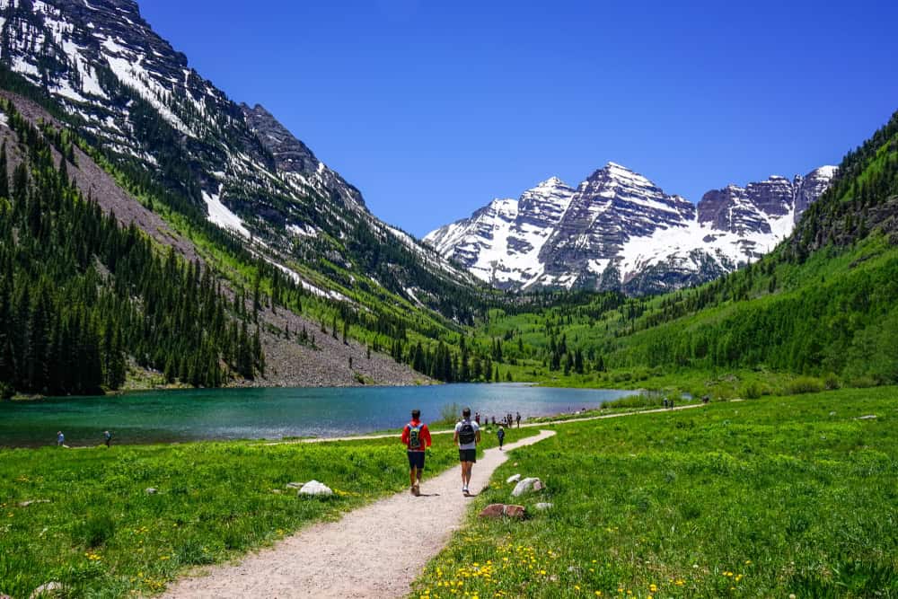 People hiking up to the Maroon Bells in Aspen, Colorado 
