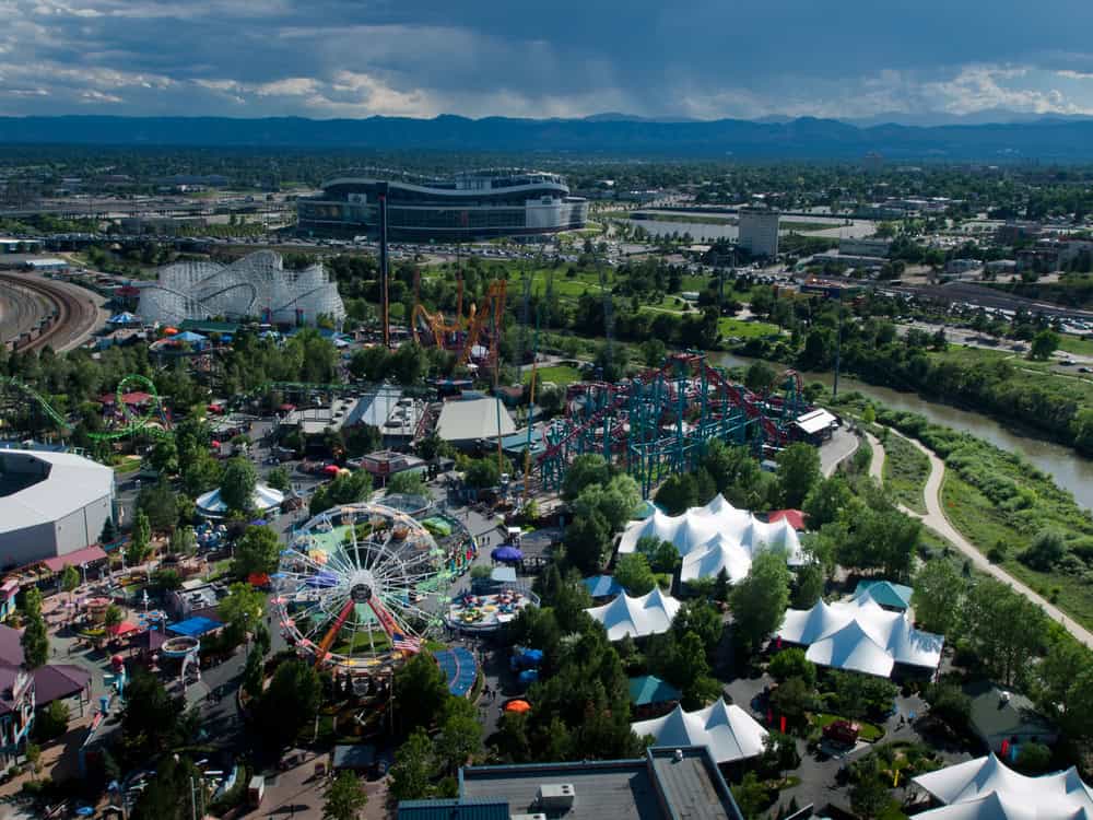Aerial view of Elitch Gardens Amusement Park in downtown Denver, Colorado
