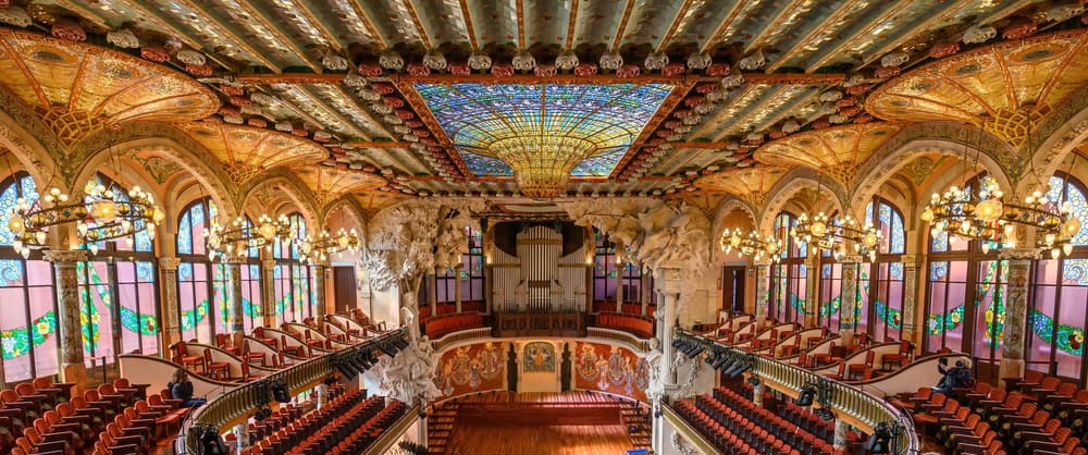 Inside the Palace of Catalan Music concert hall in Barcelona, Spain