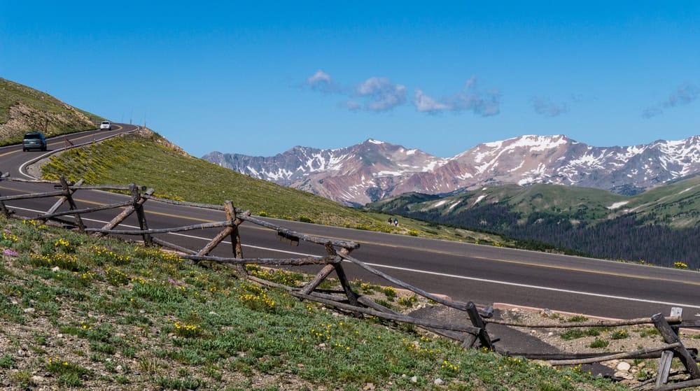 View of Trail Ridge Road and mountains in the background of Rocky Mountain National Park in Colorado