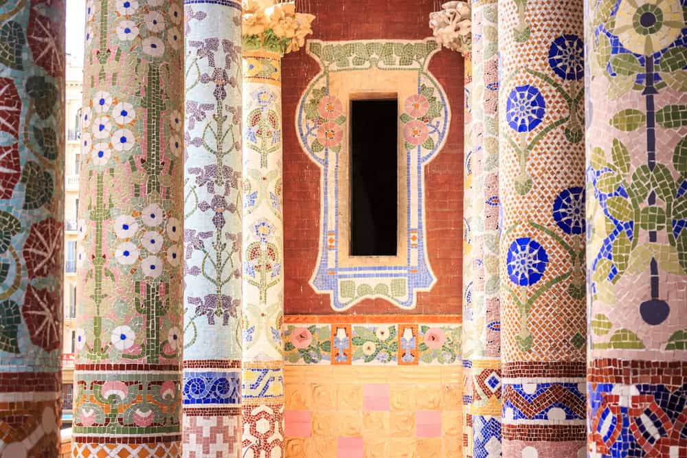 Beautiful mosaic columns at the Palace of Catalan music