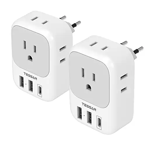2 Pack European Travel Plug Adapter USB C, TESSAN US to Europe Plug Adapter with 4 Outlets 3 USB Charger (1 USB C Port), Type C Power Adaptor