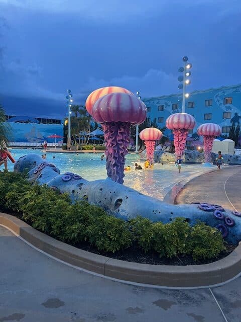 Jelly fish statues at the Big Blue Pool at Disney's Art of Animation Resort