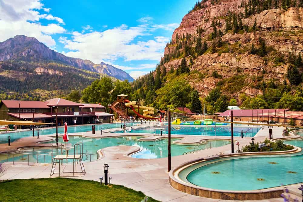 View of the Ouray Hot Springs pools and surrounding mountains