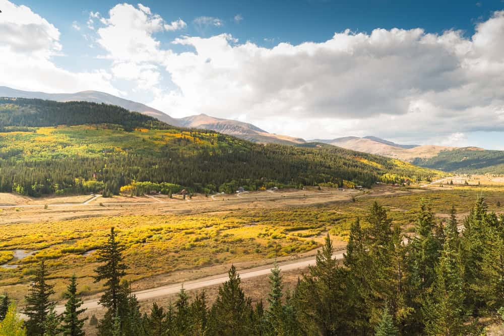 Road and fall foliage with mountains in the background on Hoosier Pass in Colorado