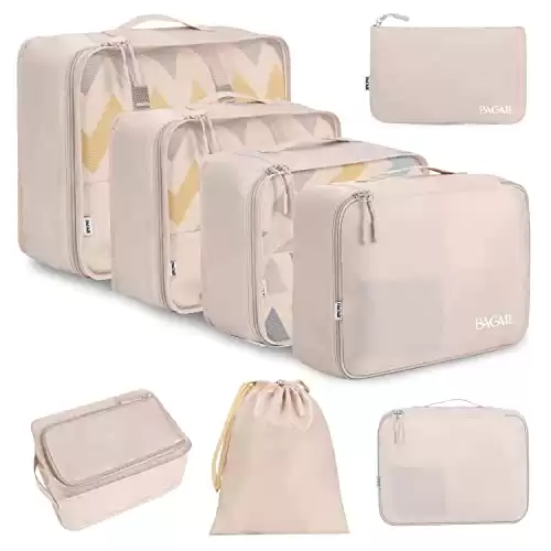 BAGAIL 8 Set Packing Cubes, Lightweight Travel Luggage Organizers with Shoe Bag, Toiletry Bag & Laundry Bag (Cream)