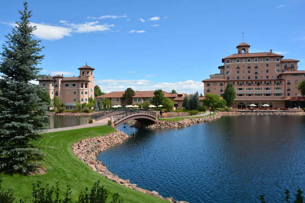 View of the Broadmoor Hotel and lake in Colorado Springs, Colorado