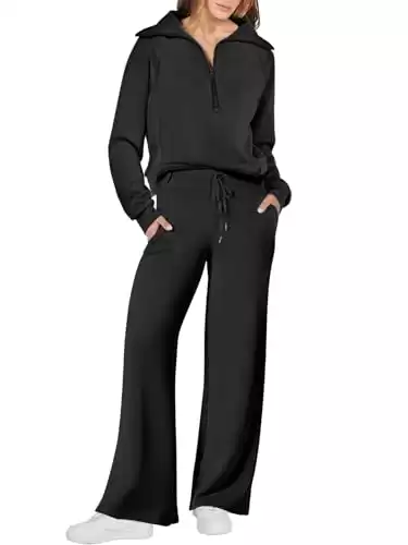 Women's 2 Piece Sweatsuit Set - Oversized Quarter Zip Sweatshirt & Wide Leg Sweatpants