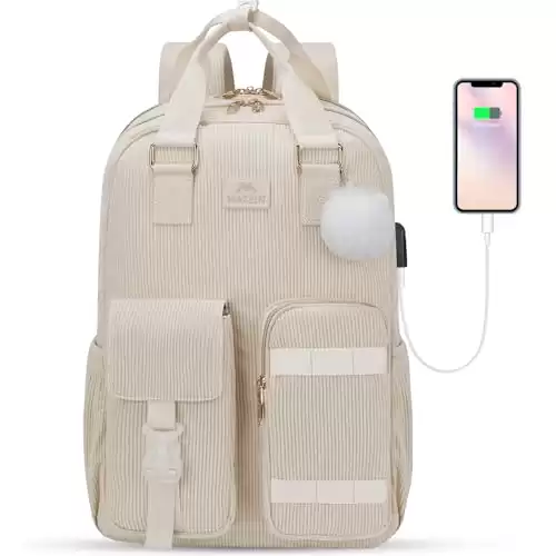 MATEIN Backpack for Teens Girls, 15.6 Inch Cute Corduroy with USB Charging Port, TSA Lightweight Soft Travel Backpack